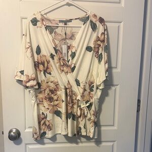 Floral Kimono Sleeve Blouse - Cream and Green